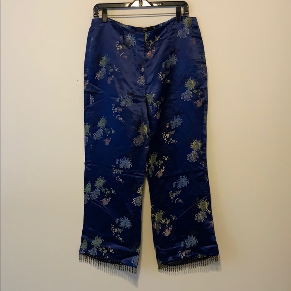 Chinese print embroidered pants with beaded fringe